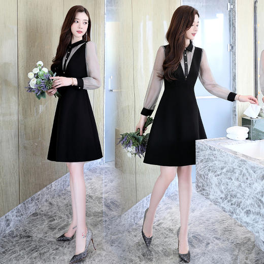 纯色连衣裙秋季2022新款小个子显高气质优雅长袖过膝中长裙HR-WM98079 商品图2