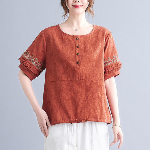 GYH 6107棉麻提花刺绣短袖洋气T恤薄款上衣 商品图4