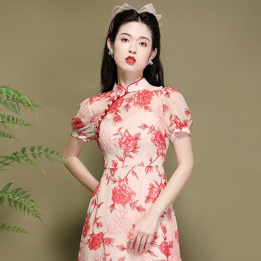 优雅气质，国潮新款雪纺印花泡泡袖改良年轻款旗袍连衣裙OY-220302 商品图1