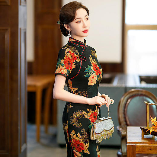 STFS-B2063新款中国风优雅气质修身立领短袖印花开叉旗袍 商品图1