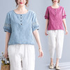 GYH 6107棉麻提花刺绣短袖洋气T恤薄款上衣 商品缩略图1