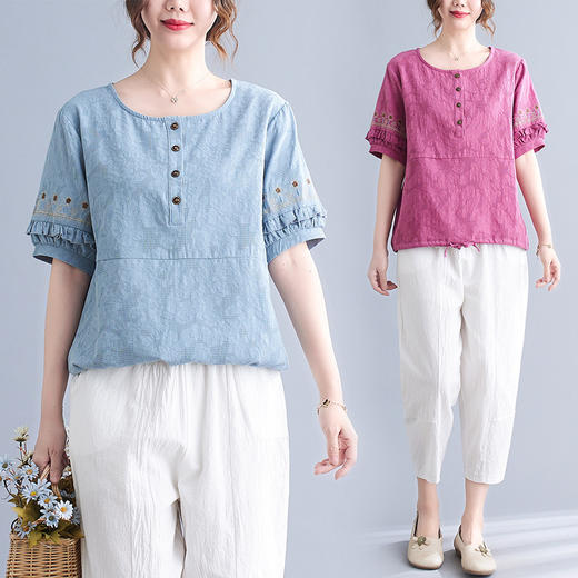 GYH 6107棉麻提花刺绣短袖洋气T恤薄款上衣 商品图1