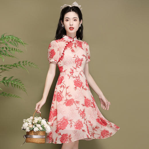 优雅气质，国潮新款雪纺印花泡泡袖改良年轻款旗袍连衣裙OY-220302 商品图0