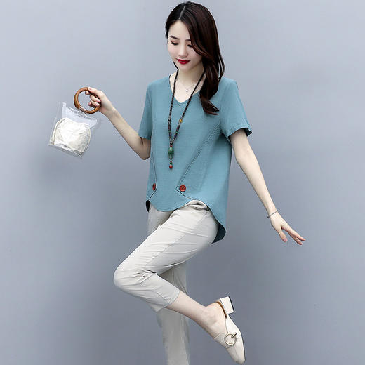 AHM qjr075  棉麻套装女2022夏装新款气质夏天时尚洋气减龄休闲亚麻两件套女装 商品图2