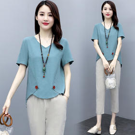 AHM qjr075  棉麻套装女2022夏装新款气质夏天时尚洋气减龄休闲亚麻两件套女装