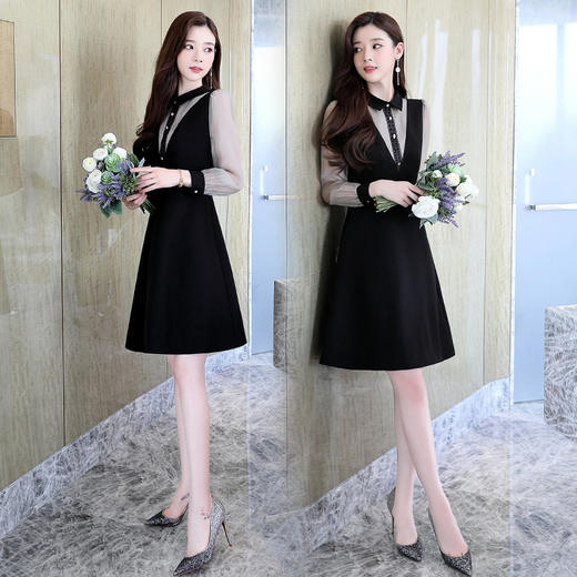 纯色连衣裙秋季2022新款小个子显高气质优雅长袖过膝中长裙HR-WM98079 商品图0