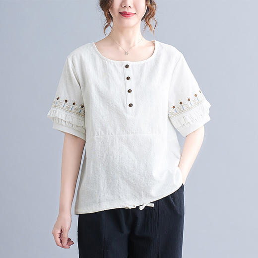 GYH 6107棉麻提花刺绣短袖洋气T恤薄款上衣 商品图3
