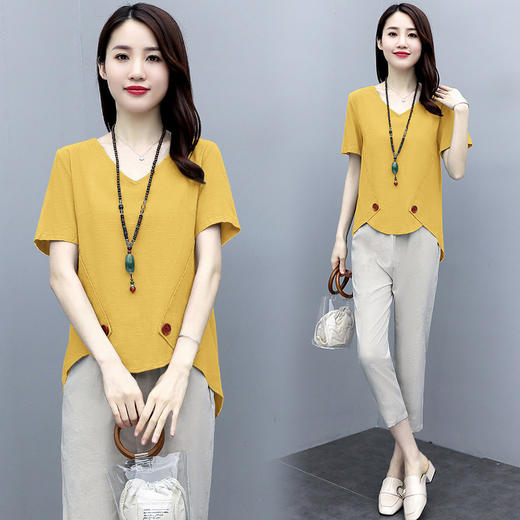 AHM qjr075  棉麻套装女2022夏装新款气质夏天时尚洋气减龄休闲亚麻两件套女装 商品图4