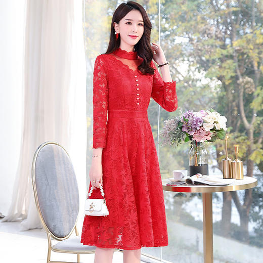2022秋季新款韩版优雅时尚修身显瘦纯色拼接蕾丝连衣裙HR-WM860169 商品图1