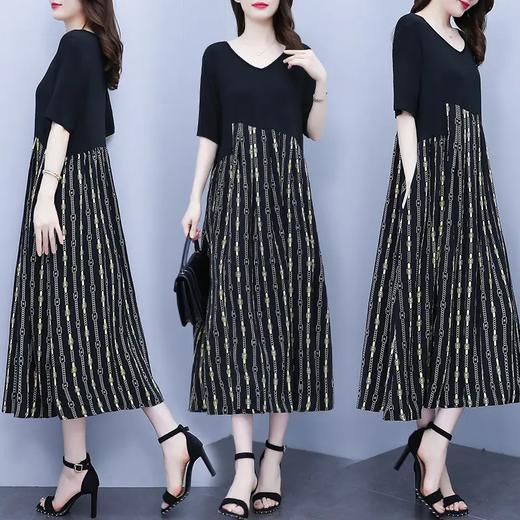 AHM-ygf6838夏季中长款开衩时尚印花时尚大码法式感短袖拼接连衣裙 商品图1