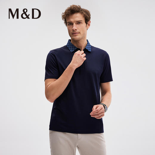 MD名盾桑蚕丝格纹翻领短袖薄款Polo衫商务男士合身蓝色T恤上衣 商品图0