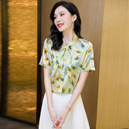 ASE-3578 印花系带气质韩版女士短袖衬衫 商品图3