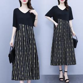 AHM-ygf6838夏季中长款开衩时尚印花时尚大码法式感短袖拼接连衣裙