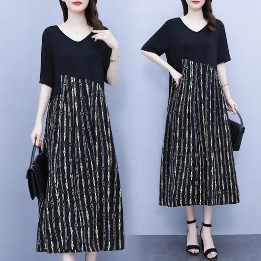 AHM-ygf6838夏季中长款开衩时尚印花时尚大码法式感短袖拼接连衣裙 商品图0