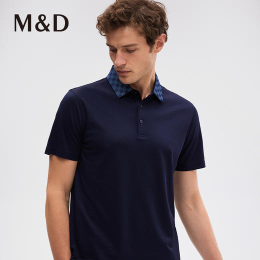 MD名盾桑蚕丝格纹翻领短袖薄款Polo衫商务男士合身蓝色T恤上衣 商品图2