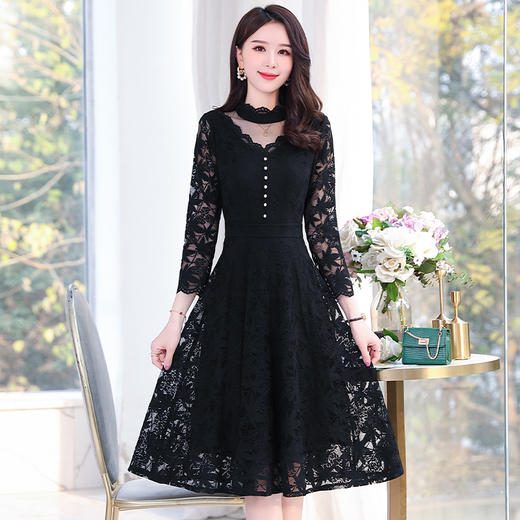 2022秋季新款韩版优雅时尚修身显瘦纯色拼接蕾丝连衣裙HR-WM860169 商品图2