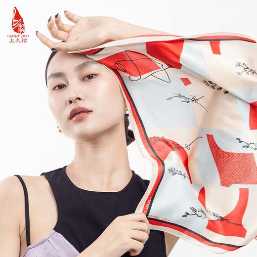 SAINTJOY/上久楷 女式真丝方巾  米红色上久佳人  FJS22005-1 商品图3