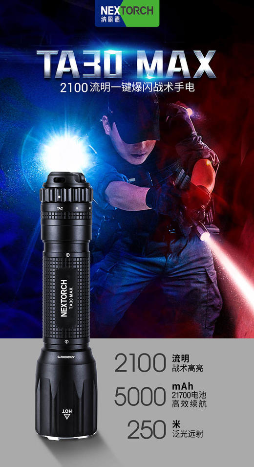纳丽德TA30/MAX 战术手电筒专用强光远射可充电便携式超亮手电 商品图1