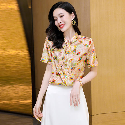 ASE-3578 印花系带气质韩版女士短袖衬衫 商品图0
