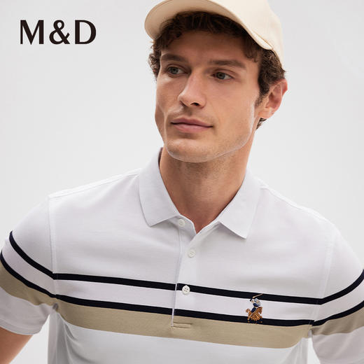 【商场同款】MD名盾撞色条纹男士短袖Polo衫纯棉白色休闲T恤22454 商品图1
