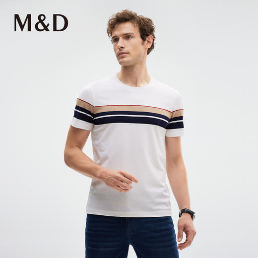 MD名盾新升级双丝降温吸湿速干圆领短袖商务休闲桑蚕丝条纹T恤 商品图1