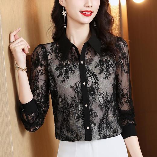 NYL2669新款时尚洋气减龄翻领长袖拼接蕾丝衬衫 商品图0