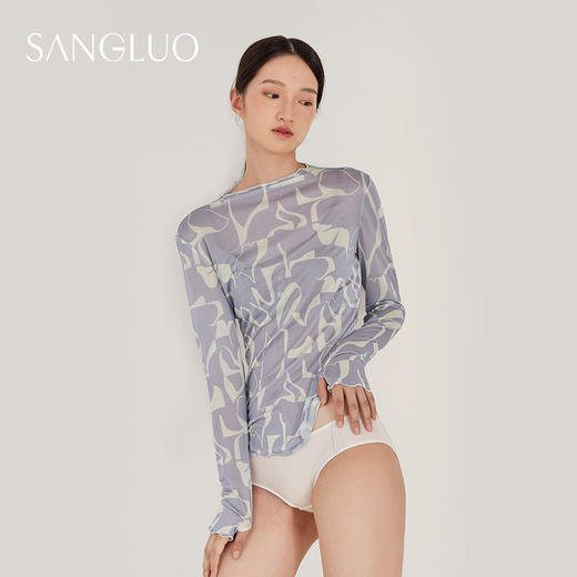 SANGLUO桑罗单面真丝针织打底上衣女紫底印花百搭舒适 商品图1