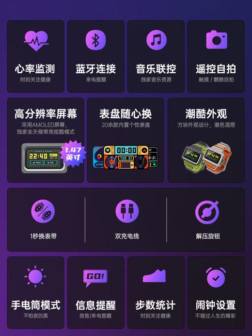 猫王 灵感MC WATCH智能潮酷腕表蓝牙手表 心率监测\摇控自拍[福利品] 商品图3