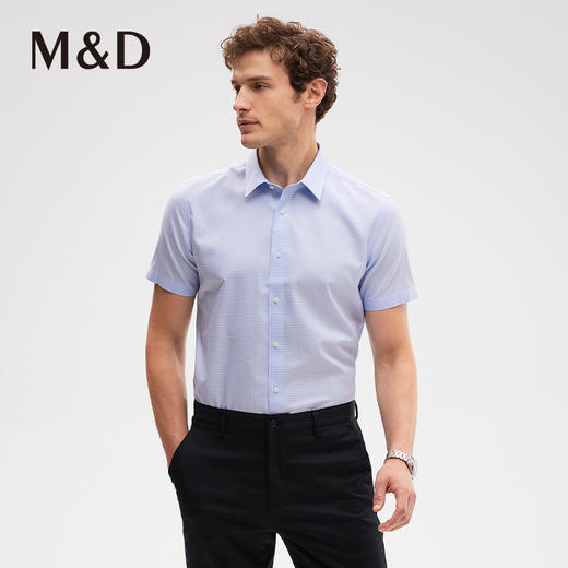 MD名盾DP免烫商务格纹尖领正装蓝衬衣短袖职业男士衬衫夏季 商品图1