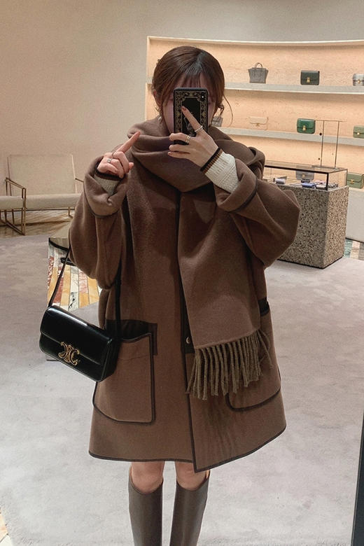 金蘑菇菇【左岸咖啡店】澳白 围巾/宽松休闲毛呢外套 商品图5