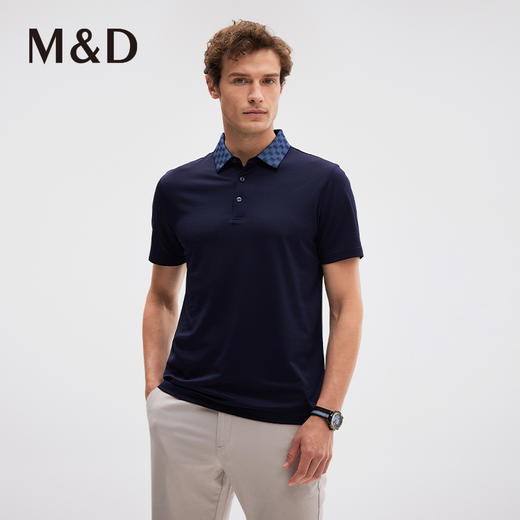 MD名盾桑蚕丝格纹翻领短袖薄款Polo衫商务男士合身蓝色T恤上衣 商品图1