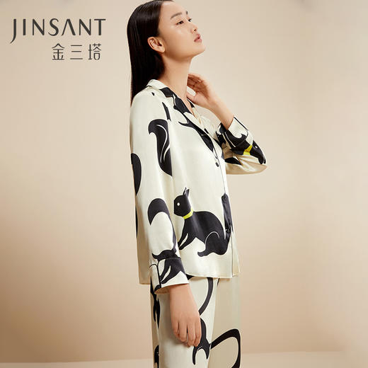 金三塔100%桑蚕丝丝滑时尚宽松版型女士动物几何 真丝睡衣印花衣裤套家居服 YSFCD201 商品图1