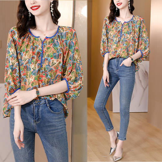 KQL439H6367  2022早秋新款宽松显瘦洋气减龄乔其纱重工印花雪纺衫上衣女 商品图2