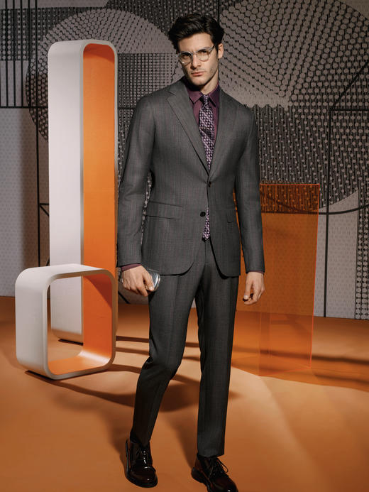 Stylbiella Power Super 120's 澳洲美丽诺羊毛300克高克重灰色宽条纹全麻衬套装 商品图0