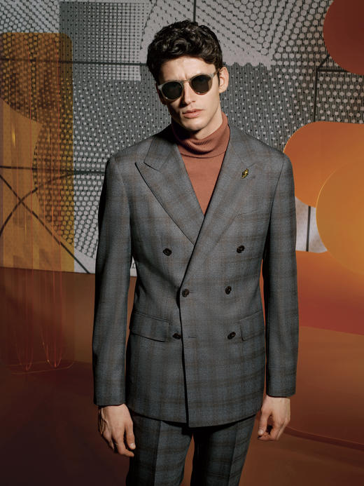 Stylbiella Power Super 120's 澳洲美丽诺羊毛300克高克重灰色格纹全麻衬套装 商品图0