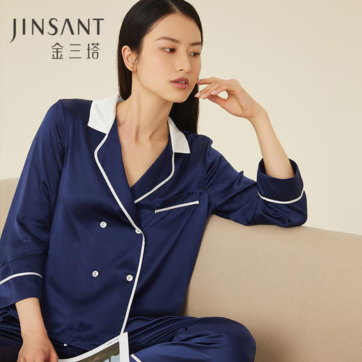 金三塔真丝睡衣女100%桑蚕丝双排扣凉感可外穿家居服套装 YSFCA218 商品图1