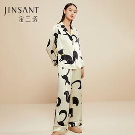 金三塔100%桑蚕丝丝滑时尚宽松版型女士动物几何 真丝睡衣印花衣裤套家居服 YSFCD201