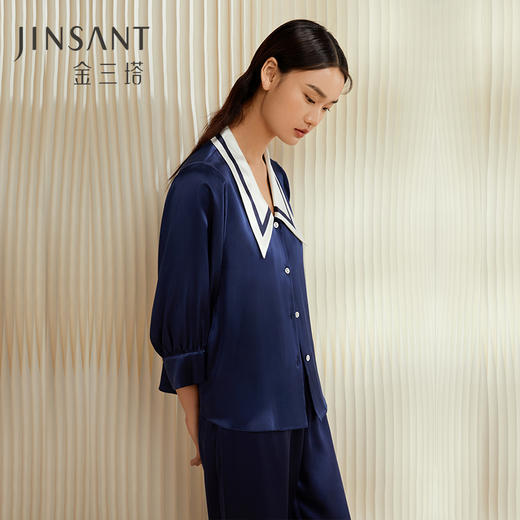 金三塔重磅真丝睡衣女时尚尖领100%桑蚕丝凉感宽松家居服套装 YSFCB206 商品图1