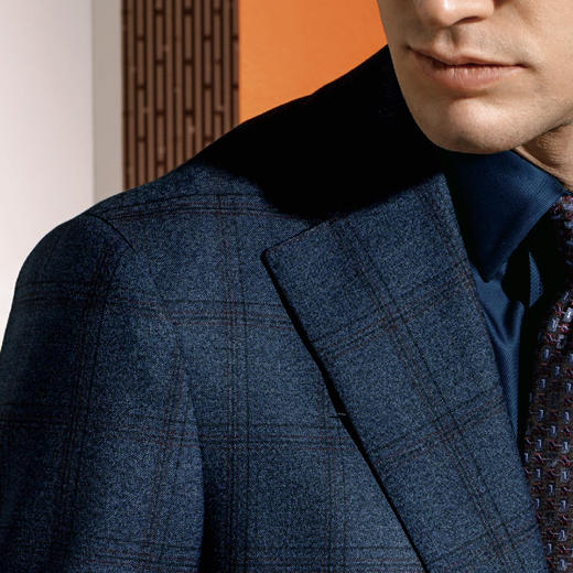 Stylbiella Power Super 120's 澳洲美丽诺羊毛300克高克重灰蓝色格纹全麻衬套装 商品图1