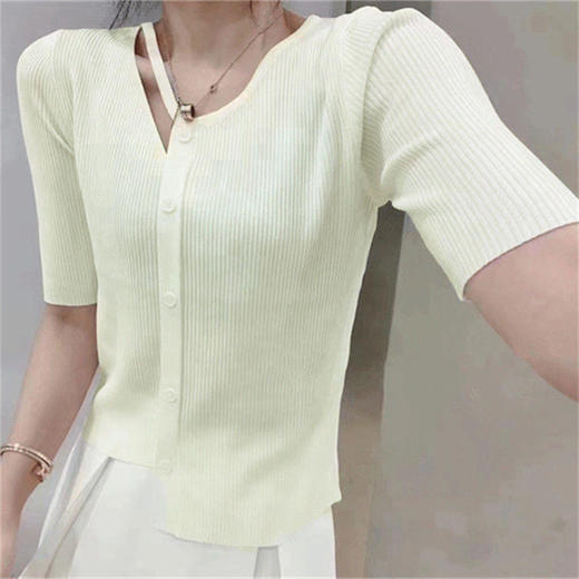 HGMY-xx338483107198新款时尚气质宽松镂空V领短䄂不规则冰丝针织衫 商品图4