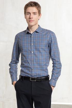 callisto全棉色织蓝色格纹意式领衬衫  FQSTL108C