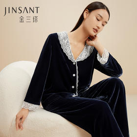 金三塔桑蚕丝丝绒珍珠光泽垂坠丝滑女士复古自在舒适家居服衣裤套 YSFCD202