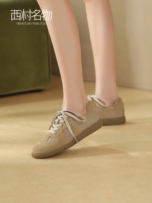 西村名物2022秋季新款真皮休闲鞋厚底百搭系带板鞋单鞋平底37181 商品图3