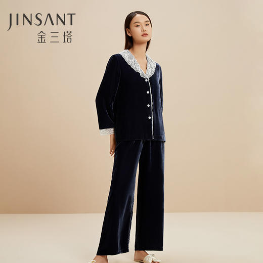 金三塔桑蚕丝丝绒珍珠光泽垂坠丝滑女士复古自在舒适家居服衣裤套 YSFCD202 商品图1