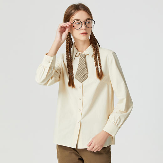 famecoco范可儿原创纯棉衬衫带领带女早秋双层领衬衣杏色百搭长袖F225BH006 商品图1
