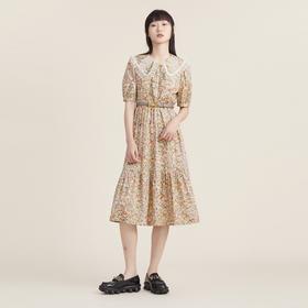谜底小碎花纯棉连衣裙2022秋法式复古短袖宽松中长裙 223ML1157
