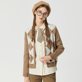 Famecoco范可儿圆领贝壳扣毛衣开衫女春秋季短款长袖菱格针织外套F225DA003