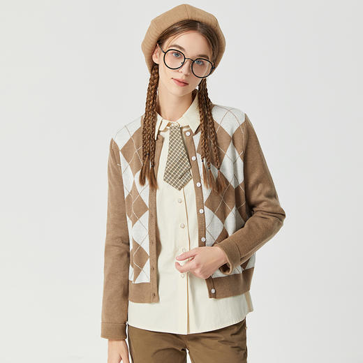 Famecoco范可儿圆领贝壳扣毛衣开衫女春秋季短款长袖菱格针织外套F225DA003 商品图0