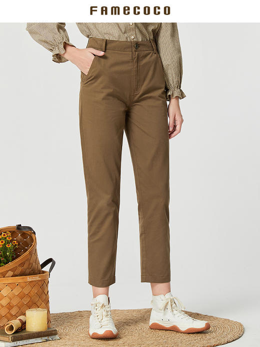 Famecoco范可儿女士休闲裤纯棉咖色秋季直筒裤显瘦百搭高腰小个子F225GA008 商品图1