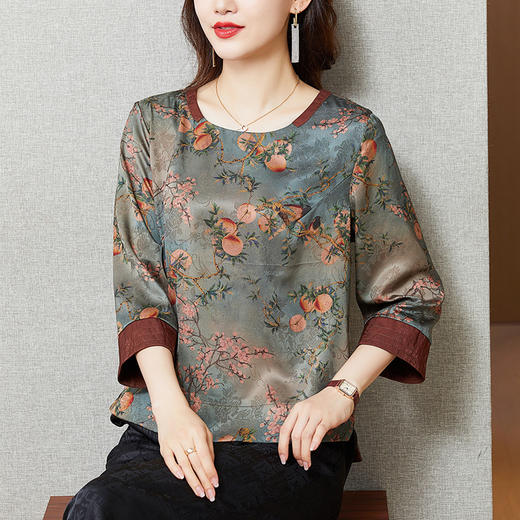 KQL422H2096  2022秋季新款七分袖圆领印花宽松上衣仿真丝桑蚕丝香云纱T恤 商品图1